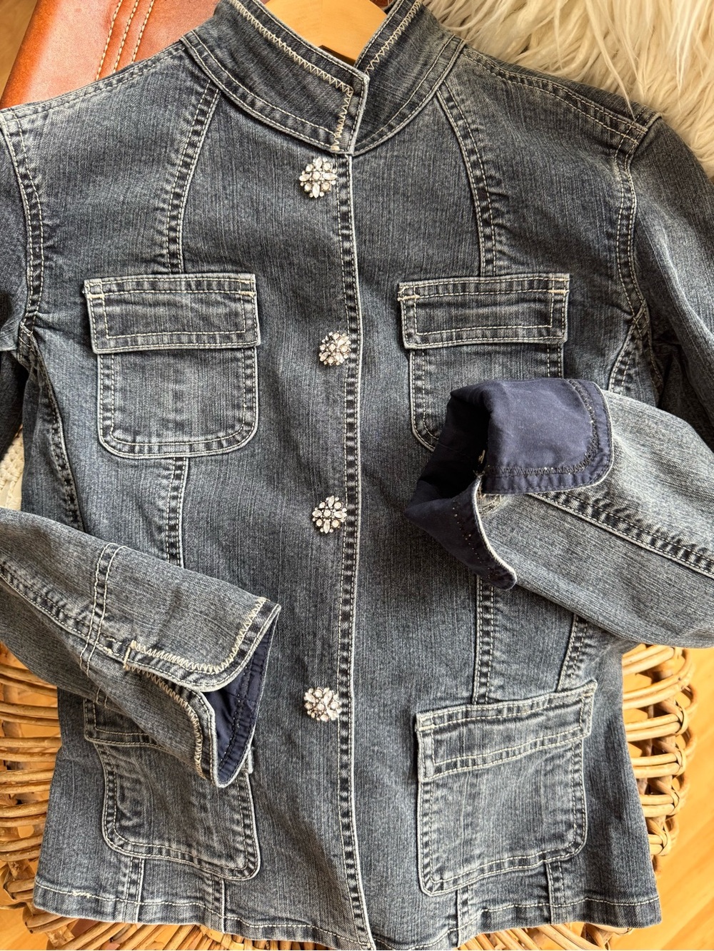 Tahari Dark Blue Denim Jacket with Crystal-Style Buttons